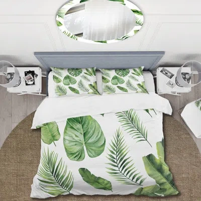 Design Art Tropical Leaf Of Monstera V - Farmhouse Duvet Cover Set - Microfiber Polyester In White;green