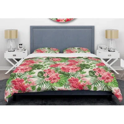 Design Art Tropical Leaves And Flowers I Mid-century Duvet Cover Set In Green
