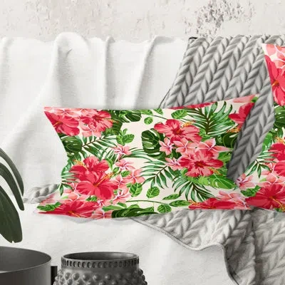 Design Art Tropical Leaves And Flowers I - Mid-century Modern Printed Throw Pillow In Green