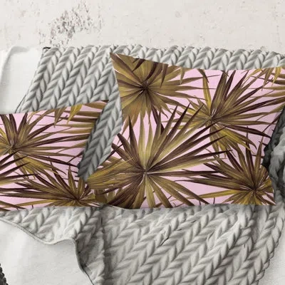 Design Art Tropical Leaves On Pink - Mid-century Modernprinted Throw Pillow In Green;pink