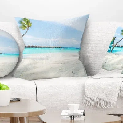 Design Art Tropical Maldives Island - Sea & Shore Printed Throw Pillow In Blue;white