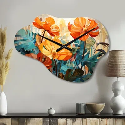 Design Art Tropical Orange And Green Foliage Ii - Green Cloud Metal Wall Clock, Traditional Asymmetrical Metal 