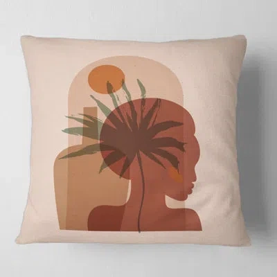 Design Art Tropical Palm Leaf And Pretty Girl Portrait Square Pillow Cover & Insert In Brown