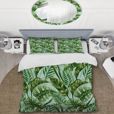 Design Art Tropical Palm Leaves - Floral Duvet Cover Set - Microfiber Polyester In Green