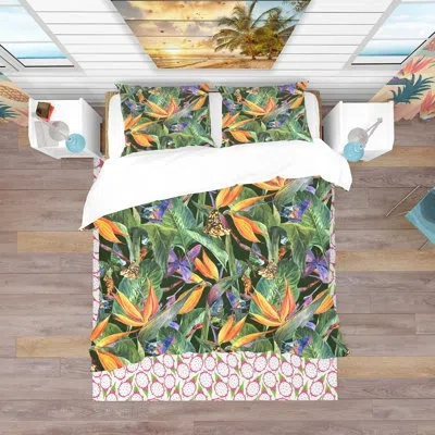 Design Art Tropical Pattern With Exotic Flowers - Tropical Floral Duvet Cover Set - Microfiber Polyester In Green