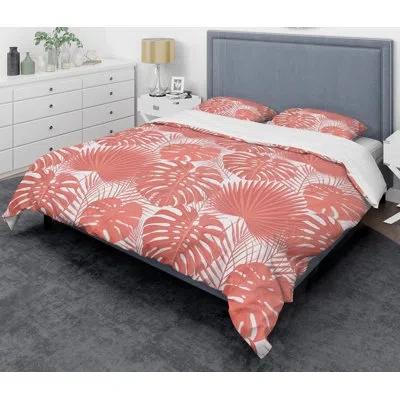 Design Art Tropical Retro Foliage Coral I Mid-century Duvet Cover Set In Peach