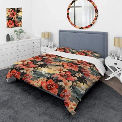 Design Art Tropical Sunset Botanical Pattern Bedding In Gray;red;yellow