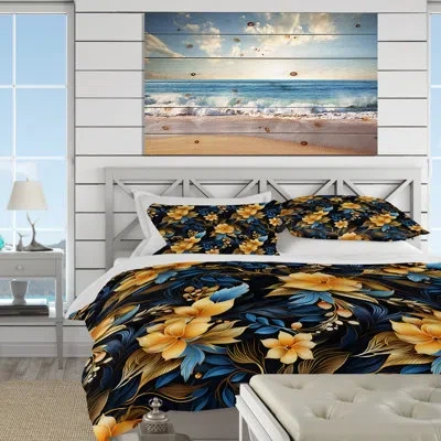 Design Art Tropical Twilight Ii Tropical Pattern Duvet Cover Set In Blue;gold
