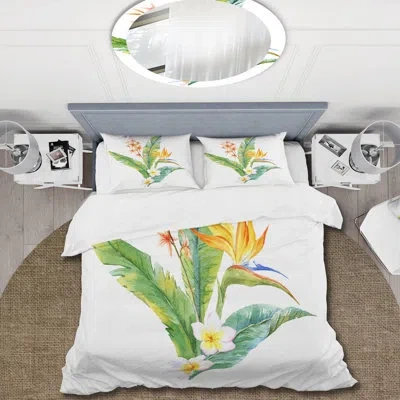 Design Art Tropical Yellow Flowers With Green Leaves I - Traditional Duvet Cover Set - Microfiber Polyester In Green,yellow,white