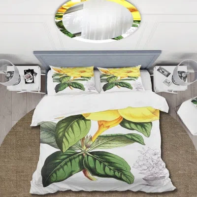 Design Art Tropical Yellow Flowers With Green Leaves Ii - Traditional Duvet Cover Set - Microfiber Polyester