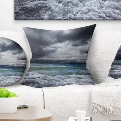 Design Art Troubled Sea Under Stormy Sky - Sea & Shore Printed Pillow In Blue;white;blue;white