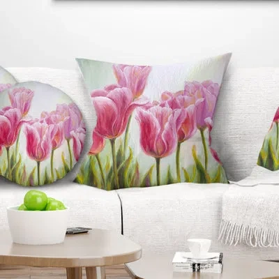Design Art Tulips In A Row - Floral Printed Pillow In Green;pink