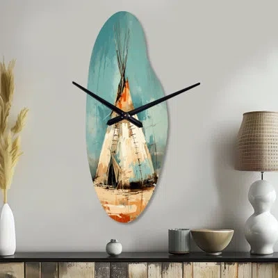 Design Art Turquoise Beige Native Tipi Whispers Of Spirit - Curved Shape Turquoise Wall Clock - Unique Shape In Green;beige