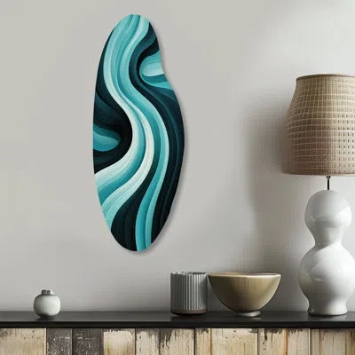 Design Art Turquoise Black Opt Art In - Op Art Asymmetrical Metal Wall Art, Modern Curved Metal Art Print In Black;green