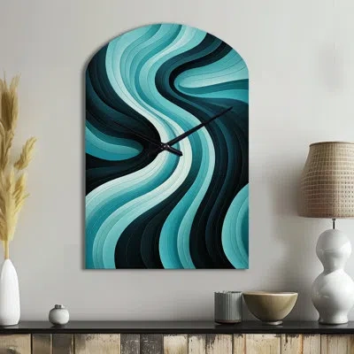 Design Art Turquoise Black Opt Art In - Op Art Asymmetrical Metal Wall Clock, Modern Arch Wall Clock Print In Black;green