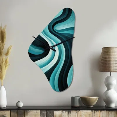 Design Art Turquoise Black Opt Art In - Op Art Unique Shape Metal Wall Clocks, Turquoise Asymmetrical Wall Cloc In Black;green