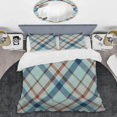 Design Art Turquoise Checked Tartan - Abstract Duvet Cover Set - Microfiber Polyester In Blue,brown