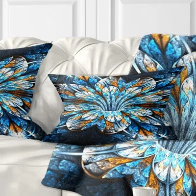 Design Art Turquoise Fractal Flower In Dark - Floral Printed Throw Pillow