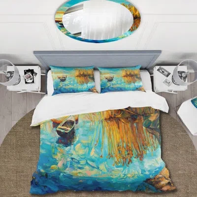 Design Art Turquoise Lake With Orange Trees During Sunset - Nautical Duvet Cover Set - Microfiber Polyester In Blue,green,brown