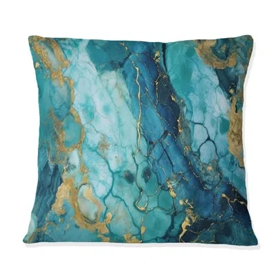 Design Art Turquoise Luxury Abstract Fluid Art Vii - Abstract Printed Throw Pillow In Blue;gold