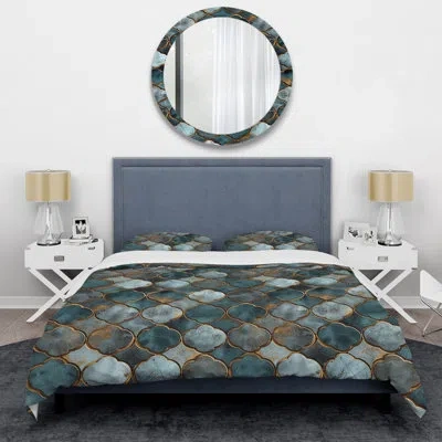 Design Art Turquoise Metallic Octagon Ii - Glam Duvet Cover Set In Green;gold