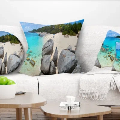 Design Art Turquoise Ocean Water With Rocks - Sea & Shore Printed Pillow In Blue