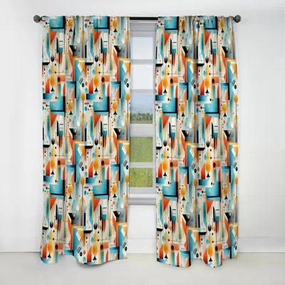 Design Art Turquoise Orange Retro Futurism Geometric - Abstract Geometric Blackout Curtain - 1 Panels In Green;orange