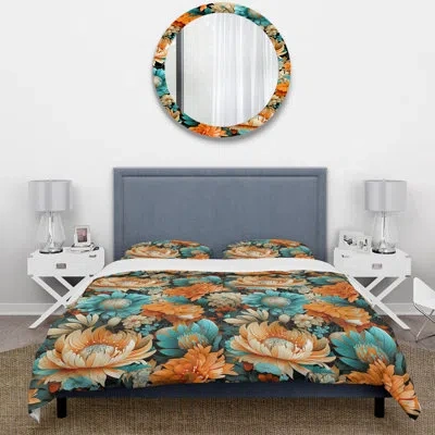 Design Art Turquoise Popart Funky Floral Serenade Duvet Cover Set In Orange;turquoise