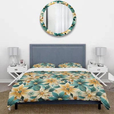 Design Art Turquoise Timeless Garden Flowers Duvet Cover Set In Green