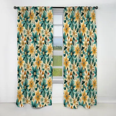 Design Art Turquoise Timeless Garden Flowers - Floral Curtain - Blackout Floral Curtain - 1 Panels In Green;beige