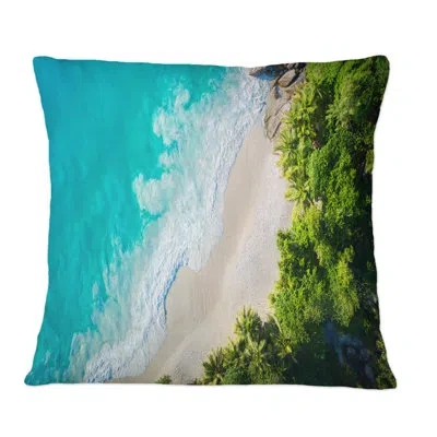 Design Art Turquoise Tropical Beach Aerial View Iv - Nautical & Coastal Printed Throw Pillow In Blue;green