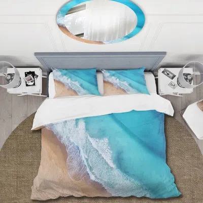 Design Art Turquoise Waves Breaking At The Shore - Cabin & Lodge Duvet Cover Set - Microfiber Polyester In Turquoise,brown