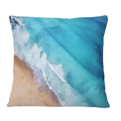 Design Art Turquoise Waves Breaking At The Shore - Cabin & Lodge Printed Throw Pillow In Blue;white