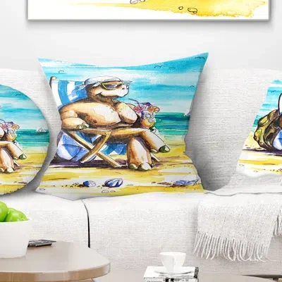 Design Art Turtle Enjoying Holidays On Beach - Sea & Shore Printed Throw Pillow In Multi-color