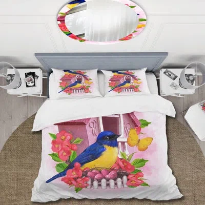 Design Art Two Blue & Yellow Tit Birds Sitting Near The Nest - Traditional Polyester Duvet Cover Set In Red,blue,yellow