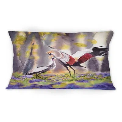 Design Art Two Crowned Cranes Dancing In Sunlit Forest Glade -1 Traditional Printed Throw Pillow