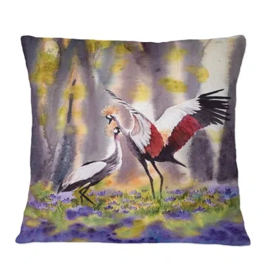 Design Art Two Crowned Cranes Dancing In Sunlit Forest Glade - Traditional Printed Throw Pillow In Brown