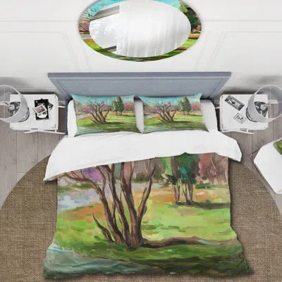 Design Art Two Distant Trees In A Green Landscape - Traditional Duvet Cover Set - Microfiber Polyester