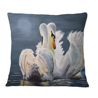 Design Art Two Graceful White Swans On A Misty Blue Lake - Nautical & Coastal Printed Throw Pillow In Blue;white