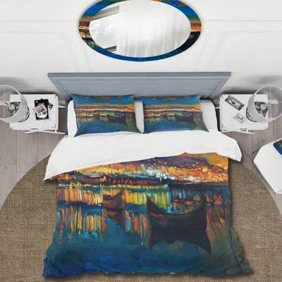 Design Art Two Little Boats In The Village Harbor - Nautical & Coastal Duvet Cover Set - Microfiber Polyester In Blue,orange