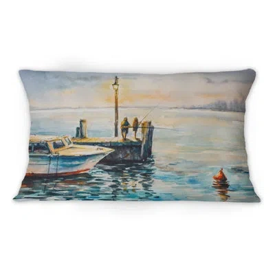 Design Art Two Men Fishing At Dusk At The Pier -1 Nautical & Coastal Printed Throw Pillow