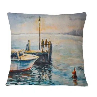Design Art Two Men Fishing At Dusk At The Pier - Nautical & Coastal Printed Throw Pillow In Blue