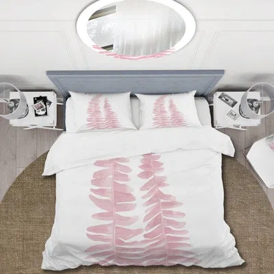 Design Art Two Pink Ferns - Traditional Duvet Cover Set - Microfiber Polyester In White;pink