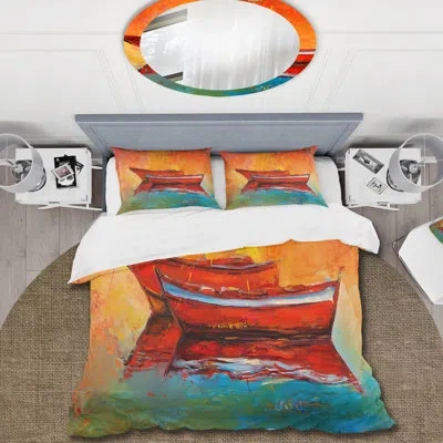 Design Art Two Red Boats During Evening Glow - Nautical & Coastal Duvet Cover Set - Microfiber Polyester In Orange,blue,red
