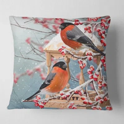 Design Art Two Tits Sit On A Snow-covered Branch - Traditional Printed Throw Pillow In Red