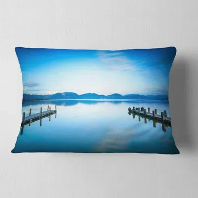 Design Art Two Wooden Piers In Blue Sea - Sea & Shore Printed Throw Pillow