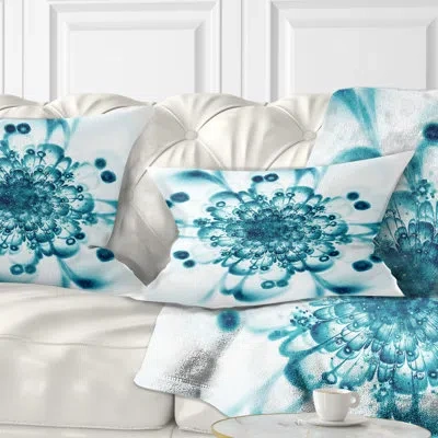 Design Art Typical Blue Snowy Fractal Flower - Floral Printed Throw Pillow