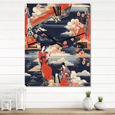 Design Art Ukiyo Japanese Woman In Retro Waves I - Japon Woman  Wall Clock In Blue;red