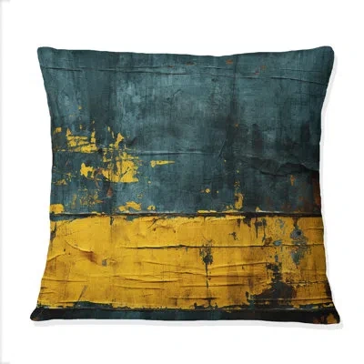 Design Art Ukraine Revested Distressed Yellow On Teal - Abstract Geometric Printed Throw Pillow In Blue;gold