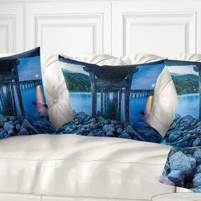 Design Art Under Wood Bridge At Twilight - Pier & Bridge Printed Throw Pillow In Blue;black;brown;green;red;yellow